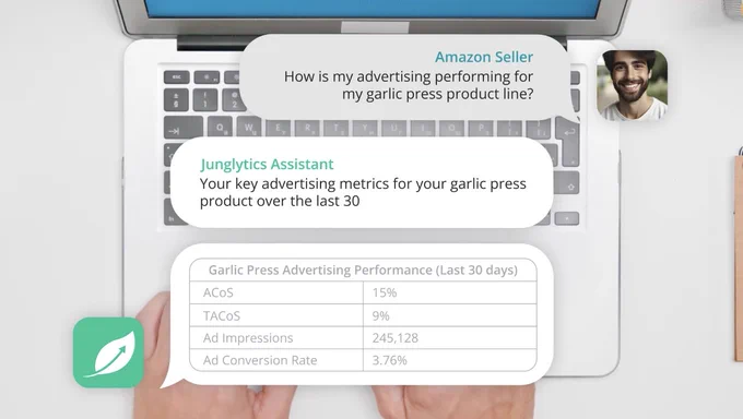 A chat exchange with Junglytics Assistant, an AI analytics tool for Amazon sellers. The questions reads: "How is my advertising performing for my garlic press product line?" Junglytics Assistant answers: "Your key advertising metrics for your garlic press product over the last 30 days: ACoS 15%, TACoS 9%, Ad Impressions 245128, Ad Conversion Rate 3.76%."