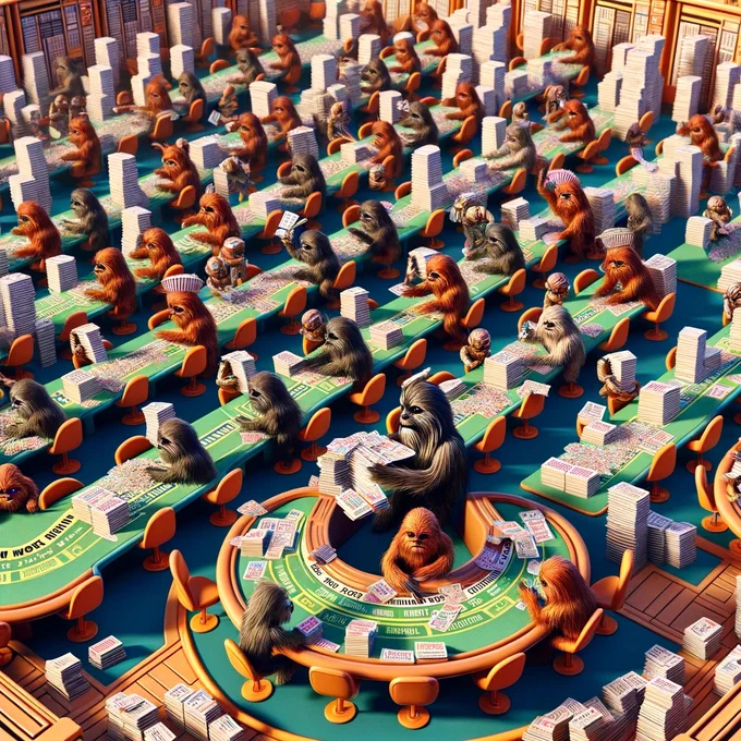 Now In the imaginary machine WookieGpT, show wookitos (tiny wookies) shuffling the text like a deck of cards, rows and rows of tiny wookitos at vegas style blackjack tables. Other wookitos bring them new stacks of texts. Other wookitos bring take away the stacks of texts.