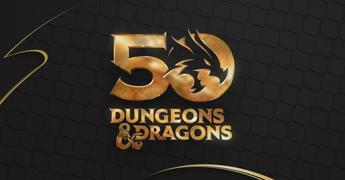 Dungeons & Dragons 50th Anniversary logo in gold on a black background.