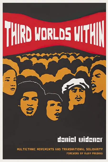 Cover of Third Worlds Within: Multiethnic Movements and Transnational Solidarity by Daniel Widener, with foreword by Vijay Prashad. Cover resembles a political poster, with a red banner across the top which has the title. Below the banner is a cartoonish depiction of a crowd, with five figures distinguished at the front. One has a mustache and wears a white hat, and they all appear to be in the middle of speaking. 