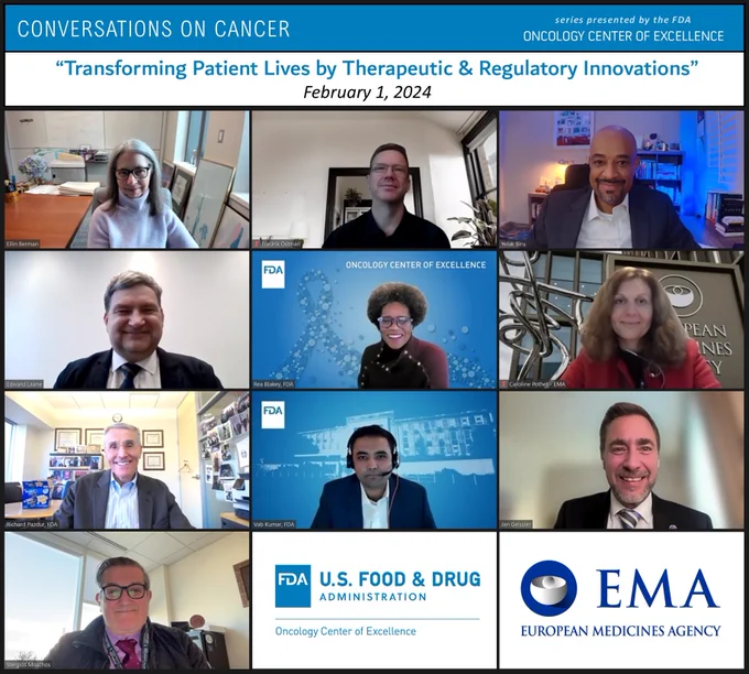 Conversations On Cancer
"Transforming Patient Lives by Therapeutic & Regulatory Innovations"
February 1, 2024
Photo: Zoom meeting screenshot

FDA & European Medicine's Agency logos at bottom right.