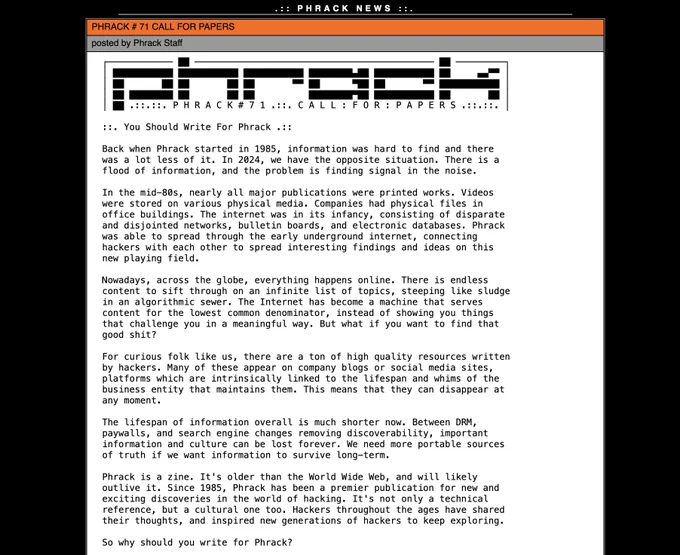 Screenshot of phrack.org . Text is too long to post in alt text.