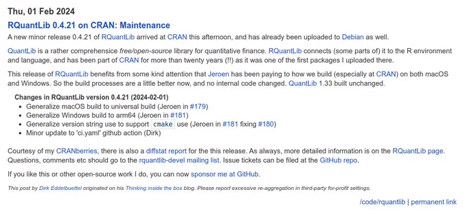 Screenshot of blog post at https://dirk.eddelbuettel.com/blog/2024/02/01#rquantlib_0.4.21 describing release 0.4.21 of CRAN package RQuantLib