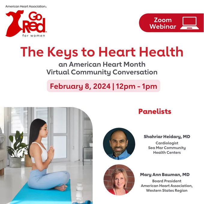 A graphic with the event title, "The Keys to Heart Health" the date 2/8 and photos and names of the presenters. Registration is available through the link in the post copy.  