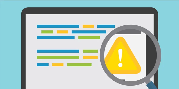 A pictorial representation of CVE-2023-46805 and CVE-2024-21887 affecting Ivanti. A laptop screen displays lines of text. A magnifying glass examining the screen has within it a warning icon.