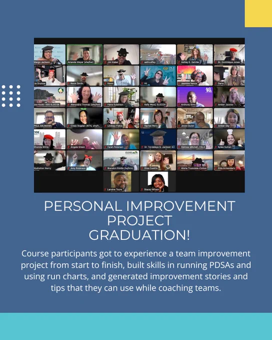 personal improvement project graduation! Course participants got to experience a team improvement project from start to finish, built skills in running PDSAs and using run charts, and generated improvement stories and tips they can use while coaching teams.
