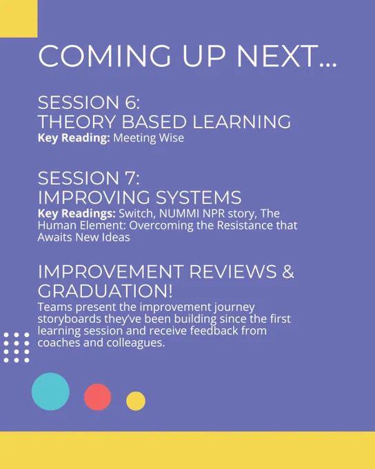 Coming up next... Session 6: Theory based learning. Key reading: Meeting Wise. Session 7: improving systems. Key readings: Switch, NUMMI NPR story, The Human Element.
Improvement reviews & Graduation! TEams present the improvement journey storyboard they've been building since the first elarning session and receive feedback from coaches and colleagues.
