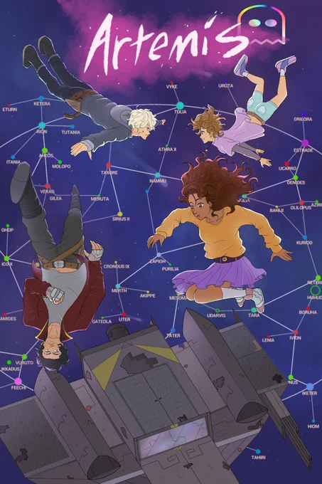 A poster of a star map, with four individuals and a space ship floating in space 