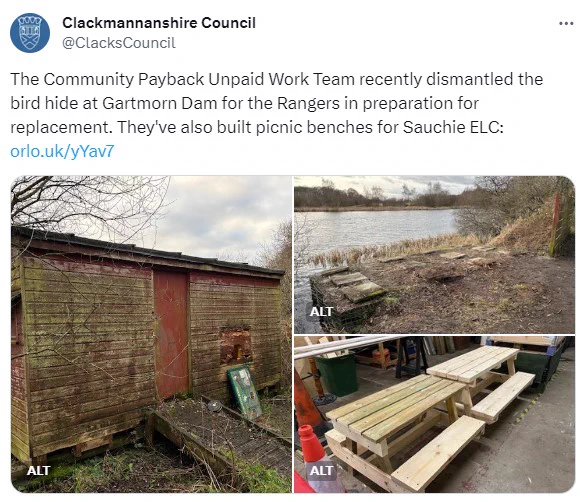 Images show the removal of a bird hide by a lake and some sturdy looking park benches