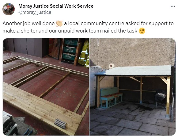 Two images side-by-side: one of the construction of a wooden roof and the other of the roof in place.