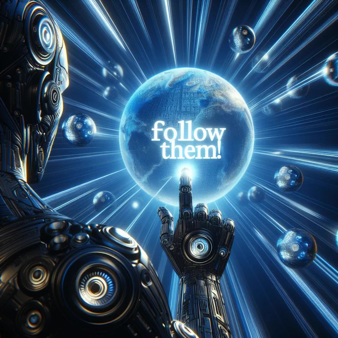 AI generated image of an android pointing with his finger to the words follow them! Futuristic styled digital art picture in a dark blue greyish color scheme.
