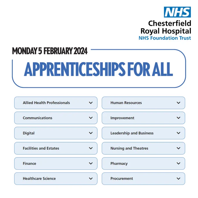 Apprenticeships for all
A graphic showing the areas apprenticeships are available: 
Allied Health Professionals
Human Resources
Communications
Improvement 
Digital 
Leadership and Business
Facilities and Estates
Nursing and Theatres
Finance 
Pharmacy
Healthcare Science 
Procurement 