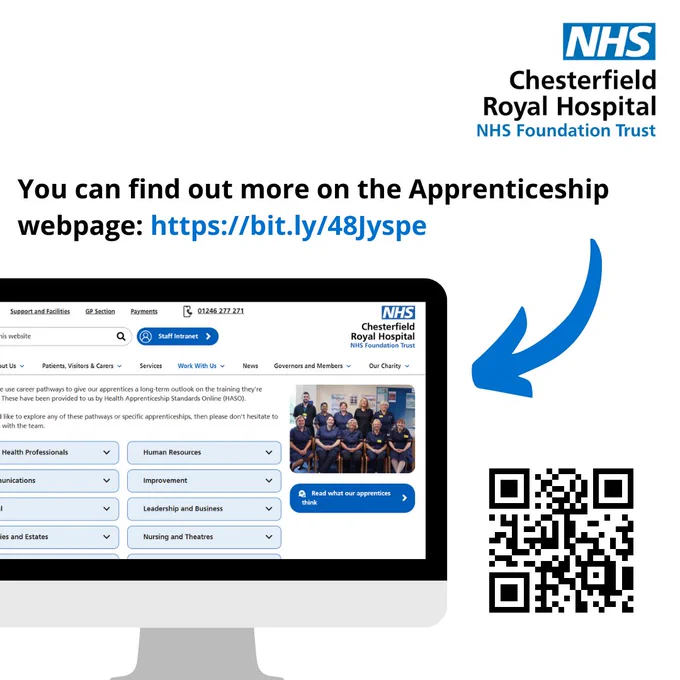 You can find out more on the Apprenticeship webpage: https://bit.ly/48Jyspe

An image of a computer screen with the Apprenticeship webpage and a QR code to that page. 