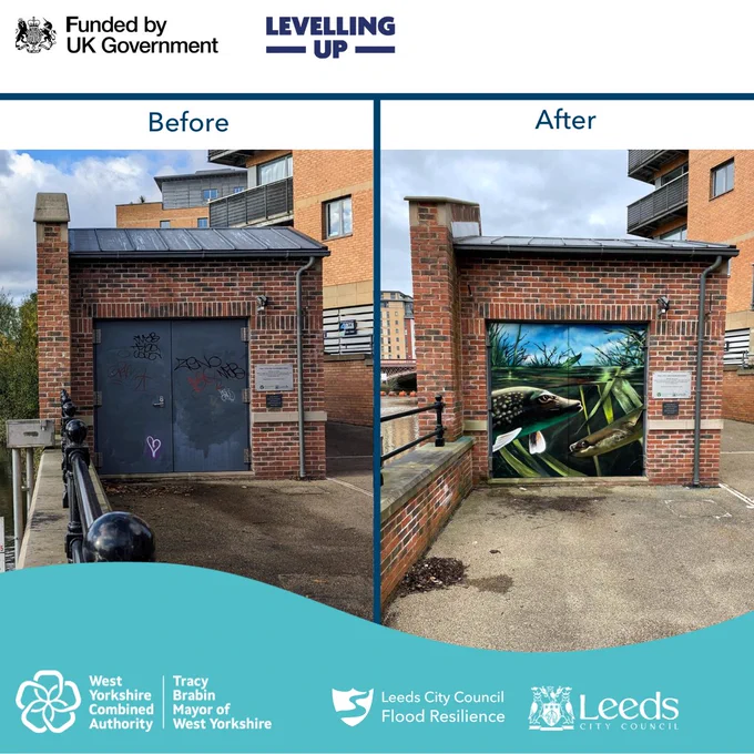 A graphic showing the before and after of a mural being installed. On the left, is a small building with a grey set of doors with some graffiti on. On the right, the door has been painted over with a mural showing fish in a river.