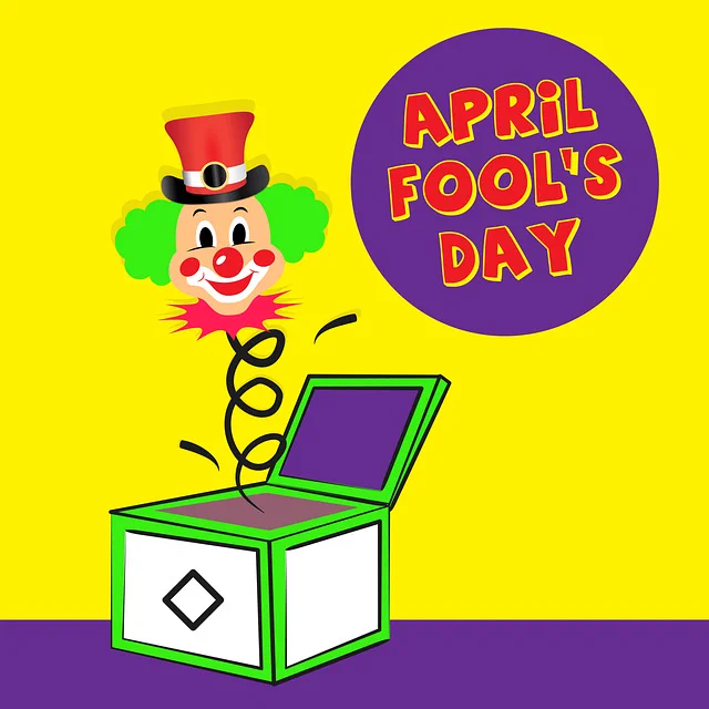 Image from Pixabay.
Cartoon image of a clown with green hair and a red top hat Jack-in-the-box. To the top right of the image is a purple circle with the words 'April Fool's Day' in yellow and red text