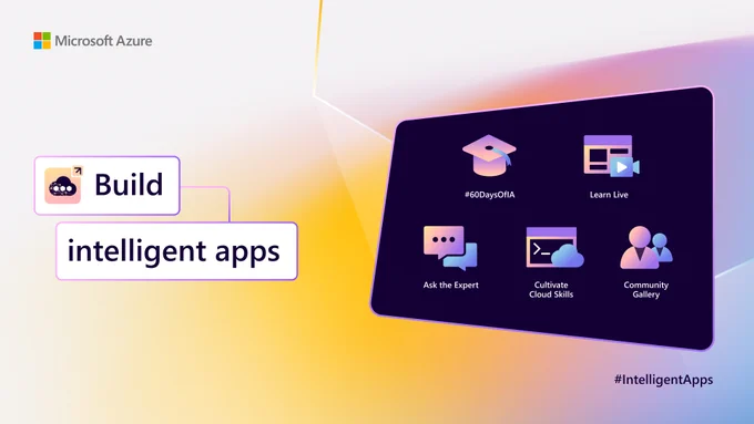 Screen showing multiple learning opportunities. Text reads "Build intelligent apps."