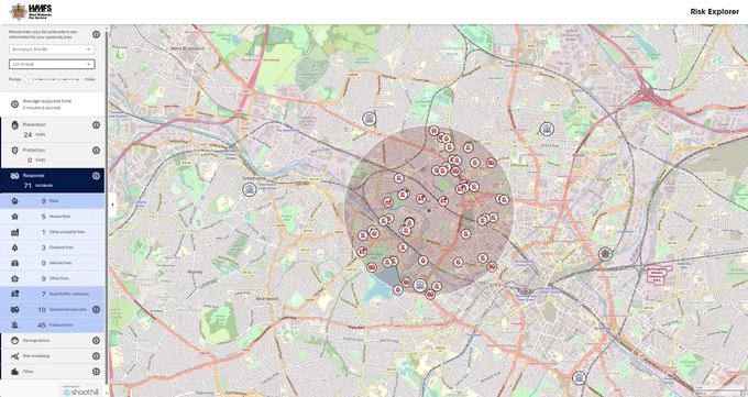 A screenshot of the Risk Explorer tool showing the map and data from a postcode area.