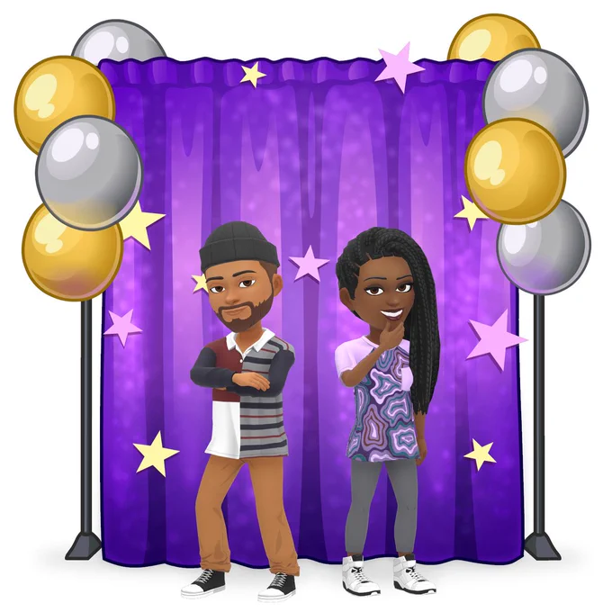 Two Bitmoji avatars pose wearing bold patterns from the new Bitmoji fashion collection in front of a purple sparkly backdrop surrounded by gold and silver balloons