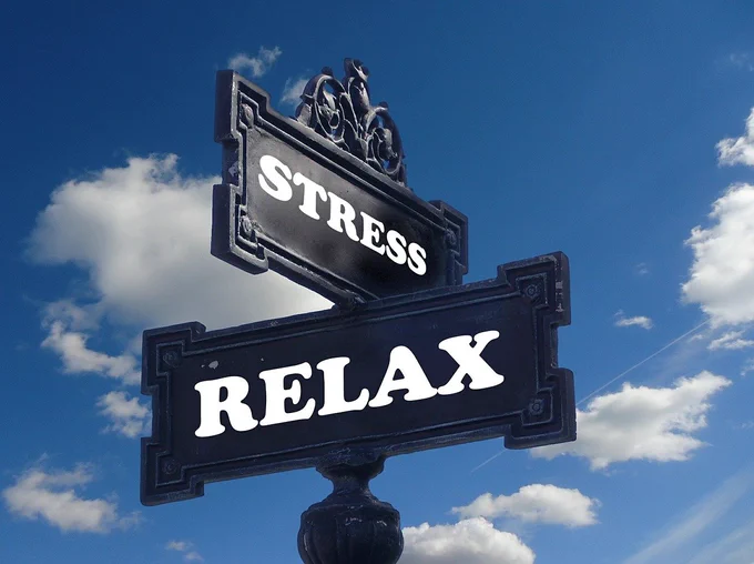 Image from Pixabay.
A photo of a blue sky with fluffy white clouds. In the centre of the image is a black street sign. The bottom sign says the word 'Relax' and above this, facing slightly to the right, the word 'Stress'
