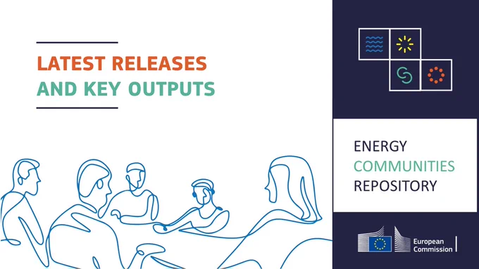 Vectorial representation of a group of people sitting around the table. On the top, it reads: "Latest releases and key outputs. The Energy Communities Repository visual identity is on a dark blue background on the right side.