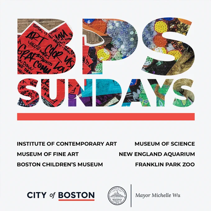 BPS Sundays provides Boston Public Schools (BPS) students and families with free admission to 6 cultural institutions (Museum of Science, Franklin Park Zoo, New England Aquarium, Boston Children’s Museum, Institute of Contemporary Art, and the Museum of Fine Art Boston) on the first and second Sundays of each month through August 2024.
