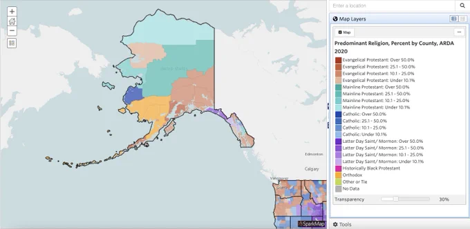 Map showing predominant religions in Alaska depicted by different colors.