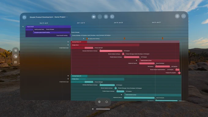 Screenshot of Gantt chart displayed in OmniPlan for Apple Vision Pro