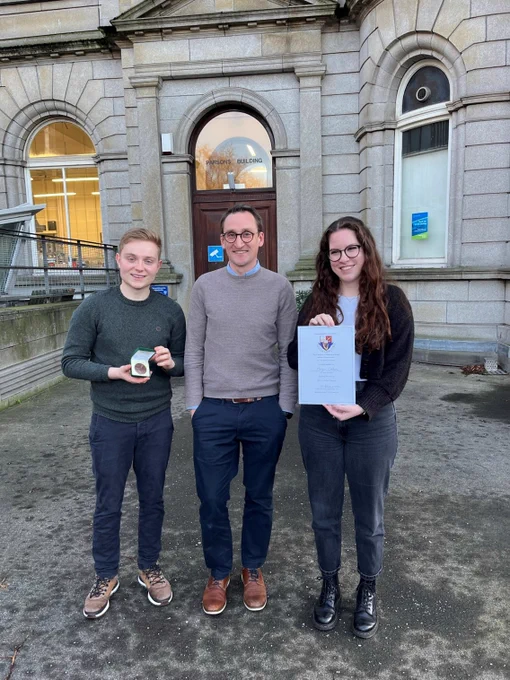 (L to R) Stéphane Petrousek, Prof. David Hoey, Morgan Cobban, outside the Parsons building on Trinity's campus