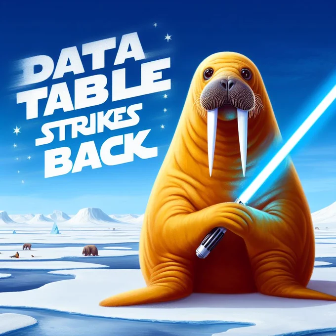 A whimsical illustration featuring a large, yellow walrus with two long tusks, holding a lightsaber on a snowy landscape under a bright blue sky. The title “DATA TABLE STRIKES BACK” is displayed prominently at the top.