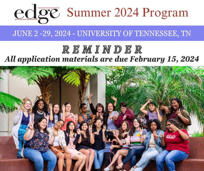 A beautiful, colorful picture of a previous summer program where everyone is smiling.

Text: Summer 2024 Program
June 2-29, 2024 - University of Tennessee, TN
Reminder
All application materials are due February 15, 2024