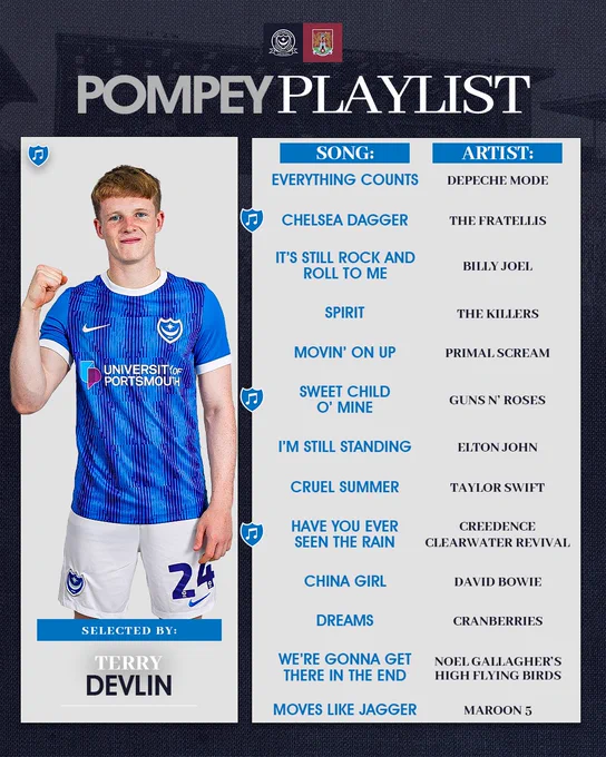 A list of songs on the 'Pompey Playlist' at Fratton Park against Northampton.