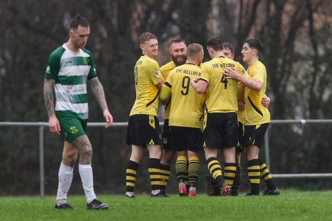 Taffs Well celebrate Vaughn Fowler's first goal against Cwmbran Celtic. 