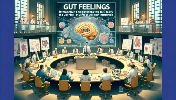 Prompt to ChatGPT4 for this image: Generate an image representing the following scientific workshop: "Gut Feelings: Interoceptive Contributions to Obesity and Disorders of Gut-Brain Interaction"