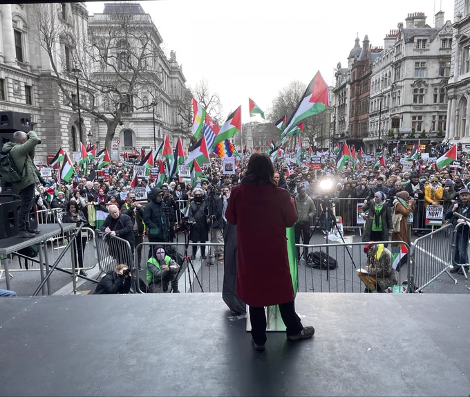 UCU President Justine Mercer addressing the march for Gaza in London today
