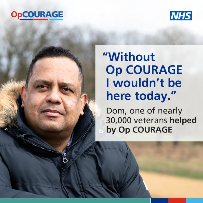 A man is sat looking into the distanced. He looks relaxed and is wearing a thick coat with a fluffy hood. Text reads: Without Op COURAGE I wouldn't be here today. Dom, one of nearly 30,000 veterans helped by Op COURAGE
