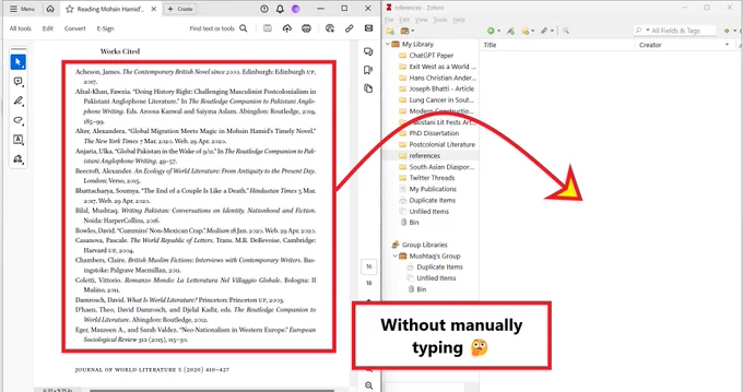 A screenshot of a list of references in a PDF and Zotero.