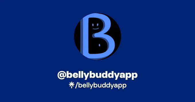 A royal blue field with a circle showing the Belly Buddy App logo - a B in blue with a face inside the top loop of the B and a belly button inside the bottom loop, then the words @bellybuddyapp and the LinkTree logo/bellybuddyapp in white lettering