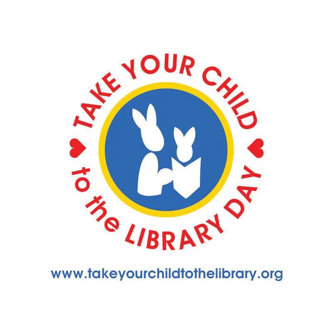 Take Your Child to the Library Day logo with and outline of two white bunnies reading a book. 