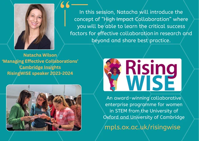 Speaker card for Natacha Wilson of Cambridge Insights for her session 'Managing Effective Collaboration' for the RisingWISE programme