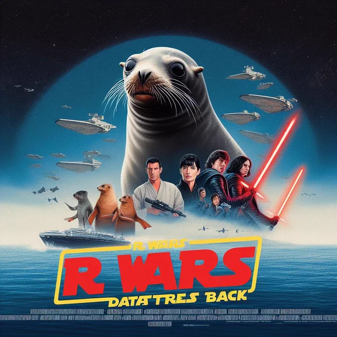 parody movie poster titled ‘R Wars DATA TRES BACK’ featuring a large seal, characters and various elements reminiscent of the Star Wars franchise.