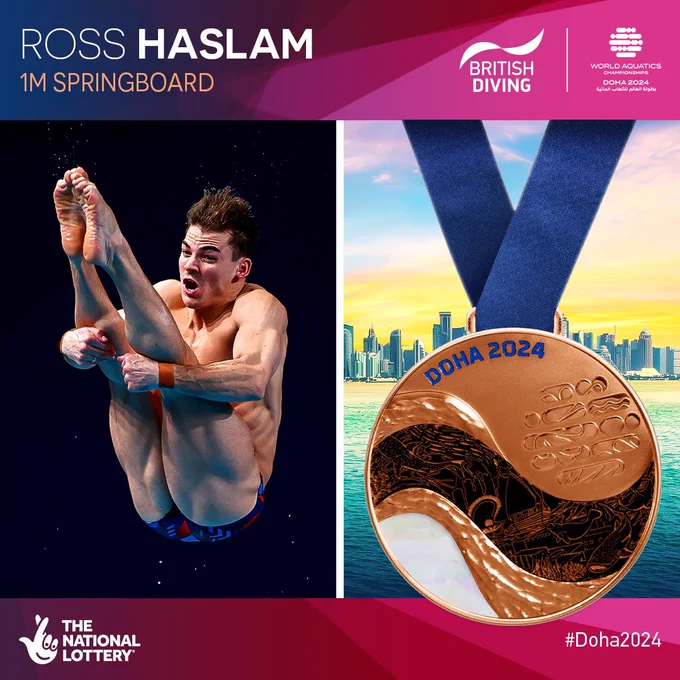 A medal graphic celebrating Ross Haslam’s bronze medal in the Men’s 1m Springboard