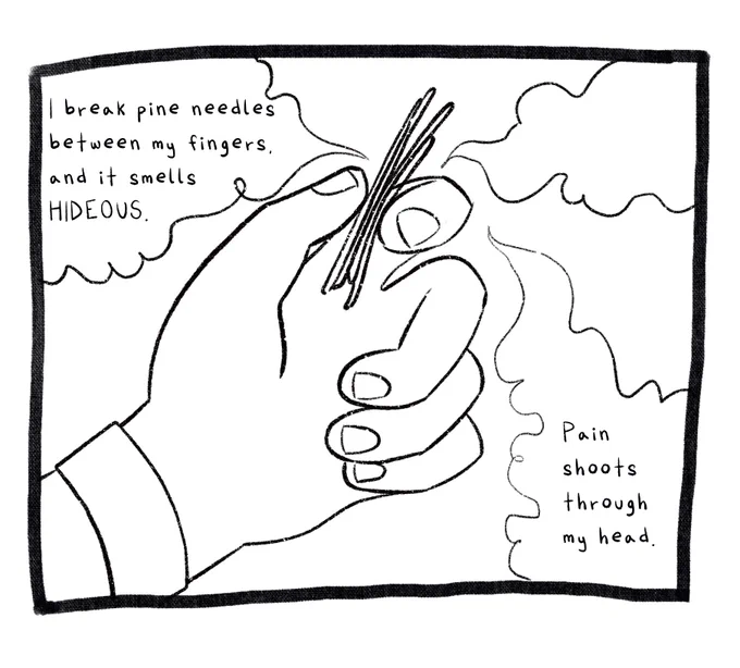 Panel 2. A hand holds pine needles. Cartoon stink clouds radiate off of the pine needles. The text reads: I break pine needles between my fingers and it smells hideous. Pain shoots through my head.