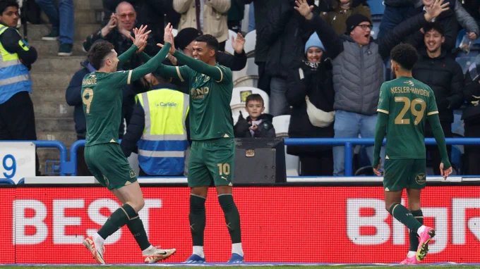 Morgan Whittaker celebrates with his teammates after scoring for Plymouth Argyle against Huddersfield Town last month.