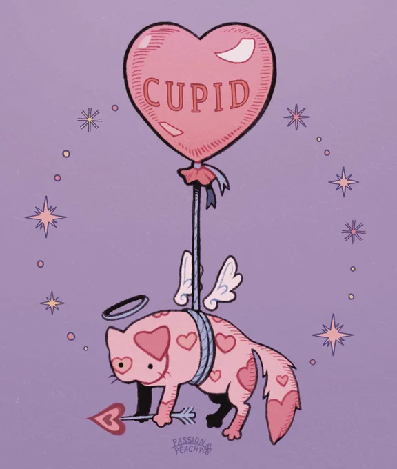 A cat with pink hearts patterns all over its body is hoisted up by a pink balloon that says “CUPID”. The cat has wings and a halo while holding a heart-shaped arrow on its paws. The background is light purple with several yellow stars ordered into a circle.