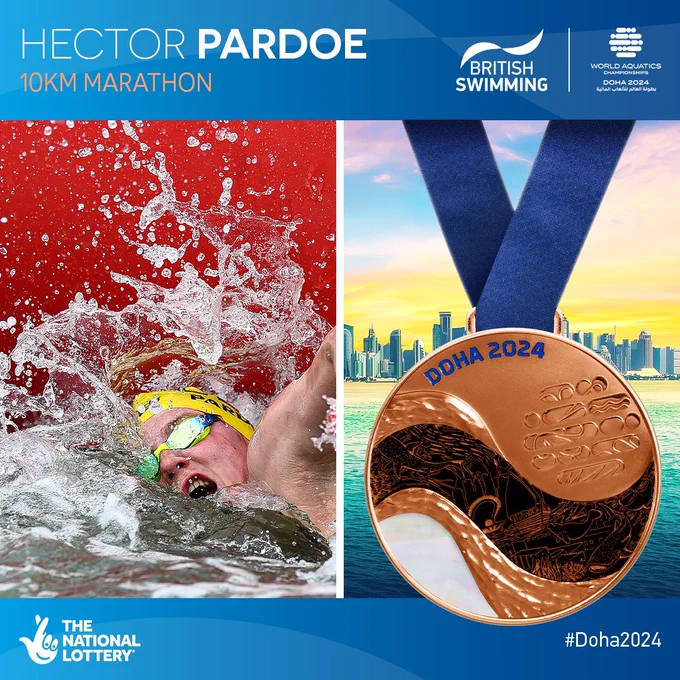 A medal graphic showing Hector Pardoe to have won the Men’s 10km bronze medal at Doha 2024