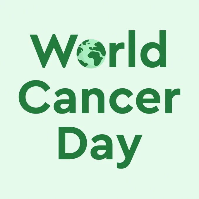 A green square with the words ‘World Cancer Day’ written in dark green and the letter ‘o’ in 'world’ is replaced with planet Earth.