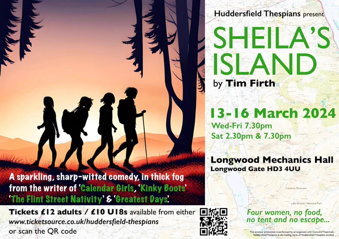 Our poster for Sheila's Island, featuring four women trekking through the woods, with the show details from the tweet.