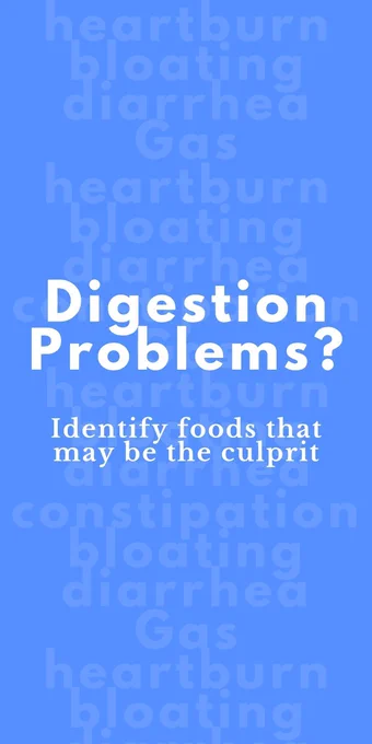 Blue background with white lettering, the largest reads: Digestion Problems? and smaller letters underneath: Identify foods that may be the culprit. Faded in the background all over the page are these words: Heartburn, bloating, diarrhea, gas, constipation.