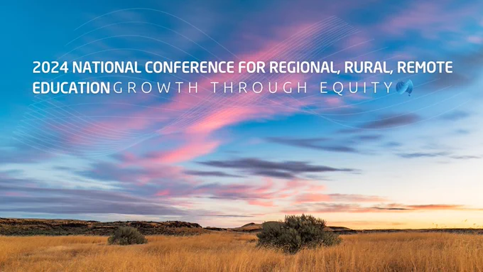 Text reads: 2024 National Conference for Regional, Rural, Remote Education. Growth through equity. 
The background is an image of a grassland with small shrubs in the mid-ground. It is sunset, and there are whispy pink and purple clouds in the sky.