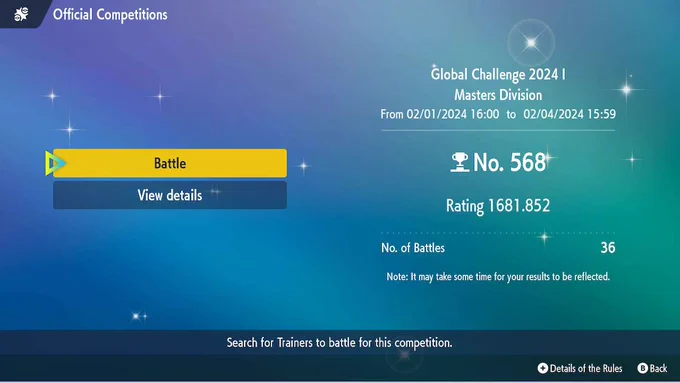 Pokemon Scarlet & Voilet Global Challenge 1 Results card, No. 568, 1681.852 rating after 36 games.